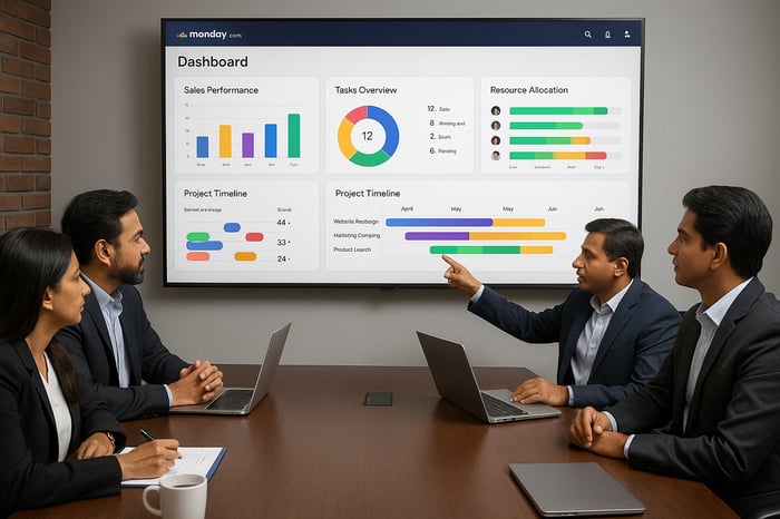 Indian executives analysing a monday.com ROI dashboard.